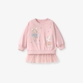 Abito rosa a maniche lunghe con stampe di topi e gonna in tulle a strati per bambine - 2Y(90cm) / Vestito Felpa a Maniche Lunghe con Patchwork in Mesh (G20004T)