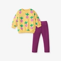 Girls yellow sweatshirt with carrot print and purple ribbed leggings set for autumn - Yellow Radish Sweatshirt Purple Pants Set (G20030)