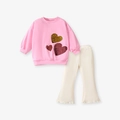 Toddler girl pink heart sequin sweatshirt and cream ribbed bell-bottom pants set - Sequin Heart Sweatshirt and Flare Pants Set (g20061) / 2Y(90cm)