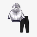 Ensemble fille avec sweat à capuche rayé, motif chat rose et pantalon noir - 7A(140cm) / Vêtements À Capuche Rayés (G20057)