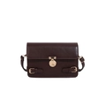 Dark brown faux leather crossbody bag with round gold metal lock and shoulder strap - Brown