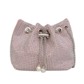Pink rhinestone drawstring bucket bag with silver chain strap and pearl accents - Pink