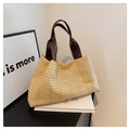 Minimalist straw woven tote bag with dark brown webbing handles for women's summer style - One Size / Khaki with Brown Strap
