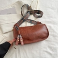 Brown leather cylinder crossbody bag with vintage ethnic geometric wide shoulder strap - Dark Brown