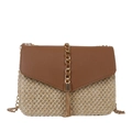 Sac bandoulière en paille pour femme avec rabat en cuir marron et pompon chaîne dorée - Marron