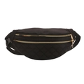 Quilted black waist bag with dual gold zippers and adjustable strap on white background - Black