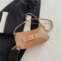 Minimalist beige and brown color-block shoulder bag with a buckle detail and strap - Khaki