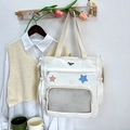 Japanese style white tote bag with star patches and mesh pocket for students - Off White