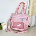 Pink Japanese style canvas tote bag with star patches and adjustable shoulder strap - Blue