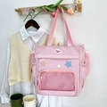 Cute pink Japanese style school tote bag with embroidered stars and clear mesh pocket - Pink