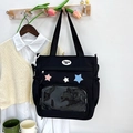 Sac cabas en toile noire avec écussons étoiles et fenêtre en PVC transparent - Noir