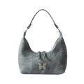 Graue Denim Schultertasche mit Vintage-Waschung und silberner Schmetterlingsschnalle - Dunkelblau