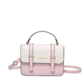 Pink and white contrast leather handbag with gold buckle and adjustable strap - Pink