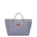 Blue plaid canvas tote bag with hemp rope handles and leather logo patch - Bag Only / Blue