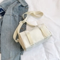 Minimalist white nylon cylindrical crossbody bag with woven strap and plastic buckle - Khaki