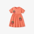 Abito rosa in cotone per bambina con ricamo di fragole e piccoli pois bianchi - 7A(140cm) / Arancione Corallo (GS0038)