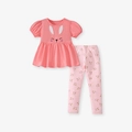 Set in cotone da bambina con top rosa corallo a sbuffo e pantaloni con conigli - 5Y(120cm) / Rosa