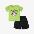 Zomerse katoenen set voor jongens met groen cartoon T-shirt en zwarte korte broek - 2Y(90cm) / Lichtgroen Cartoon Aap Set (G2002)