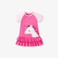 Rosa kurzärmeliges Baumwollkleid für Mädchen mit Einhornstickerei und Rüschensaum - 2Y(90cm) / Rosa (GS3003)