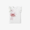 White girls cotton T-shirt with ruffled sleeves and 3D pink mesh ballerina design - 6Y(130cm) / White (5120-Pre-sale)