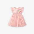 Roze zomerjurk voor peuters met regenboogborduurwerk en gelaagde tule rok-details - 2Y(90cm) / Roze (GS3027)