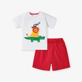 Ensemble d'été blanc pour enfant avec broderie d'animaux et short rouge en coton - Ensemble Lion de Dessin Animé Blanc (2043) / 5Y(120cm)
