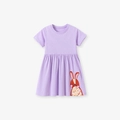 Robe fille en coton lilas à manches courtes avec pois blancs et broderie lapin mignonne - 6Y(130cm) / Style Lapin Pois Violet (S3077)