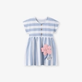 Toddler cotton dress with blue and white stripes featuring cute sheep applique - 2Y(90cm) / Light Blue White Stripes (S3039)