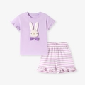 Toddler girl summer set with purple rabbit embroidery and striped shorts - 130cm (6Y) / Purple Rabbit Style (K2182)