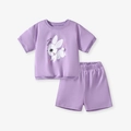 Conjunto de algodón lila para niña con conejo de dibujos y detalle de pompón 3D - 2Y(90cm) / Conjunto de Ropa Morado (G2053)