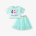 Mint green girls' summer set with ballet dancer print and layered tulle tutu skirt - 2Y(90cm) / Mint Green