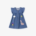 Abito smanicato in denim per bambina blu medio con ricami colorati di arcobaleno e dinosauri - Blu Denim (S3056) / 6Y(130cm)