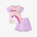 Zomers katoenen meisjesset met eenhoornprint en tekst in lichtpaars en pastelroze tinten - 2Y(90cm) / Eenhoorn Bedrukt Roze Paars Stijl (G2070)