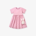 Robe rose en coton pour fille à manches courtes avec jupe fleurie et détail lapin 3D - Rose Fleuri / 2Y(90cm)