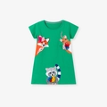Short sleeve green cotton girls dress with cartoon animal appliqué and floral detail - 2Y(90cm) / Fresh Green