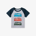 Katoenen T-shirt met korte mouwen voor jongens in marineblauw en grijs met busprint - 7J(140cm) / Bus Print (D55214)