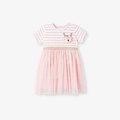 Roze gestreepte meisjesjurk met korte mouwen, hertenapplicatie en een tule rok - 2Y(90cm) / Roze Wit Gestreepte Rendier Stijl