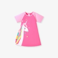 Roze katoenen zomerjurk voor meisjes met eenhoornprint en regenboog ruches aan de rok - 2Y(90cm) / Roze Eenhoorn Stijl (GS3011)