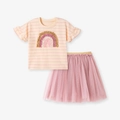 Girls' summer set featuring pink striped rainbow T-shirt and tiered tutu skirt - 2Y(90cm) / Pink (2046)