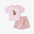 Set bambina in cotone rosa con top ricamato e pantaloncini a fiori con fiocco - 6Y(130cm) / Completo Rosa Coniglio