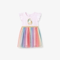 Abito rosa in cotone da bambina con stampa unicorno e gonna in tulle arcobaleno - 2Y(90cm)