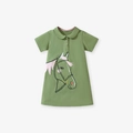 Olive green cotton girl's dress with Peter Pan collar and pink horse embroidery - Grass Green / 2Y(90cm)