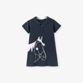 Girl's navy blue polo dress with pink Peter Pan collar and horse line art - Navy Blue / 6Y(130cm)