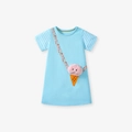 Robe fille bleu clair à manches rayées et motif crème glacée en peluche 3D amusant - Bleu Clair (gs3013) / 6Y(130cm)