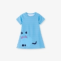 Abito estivo azzurro a maniche corte per bambina con pois neri e simpatica stampa di gatto - Celeste Pois Gatto (KS021) / 2Y(90)