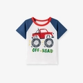 Kinder katoenen T-shirt met raglanmouwen en een cartoon terreinwagen print - 6Y(130cm) / Blauwe Terreinwagen (D55209)