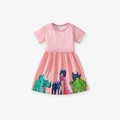 Pink striped short sleeve cotton dress with cute colorful dinosaur graphics for girls - 2Y(90cm) / Pink Striped Dinosaur (GS3018)