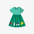 Green and white striped girls' dress featuring animal applique and cotton A-line skirt - 6Y(130cm) / Green Striped Animal Applique Style (GS3063)