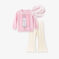 Set bambina con felpa rosa a coniglietto e pantaloni svasati a righe con fodera in pile - 2Y(90cm) / Set Coniglio Rosa (Foderato in Pile)