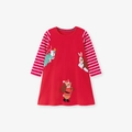 Rode kinderjurk met lange mouwen, kerstdier borduursel en gestreepte mouwen - 2Y(90cm) / Rood